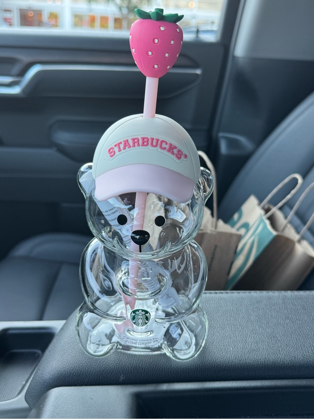Starbucks Clear Bear Bottle with Pink Cap and Strawberry Topper